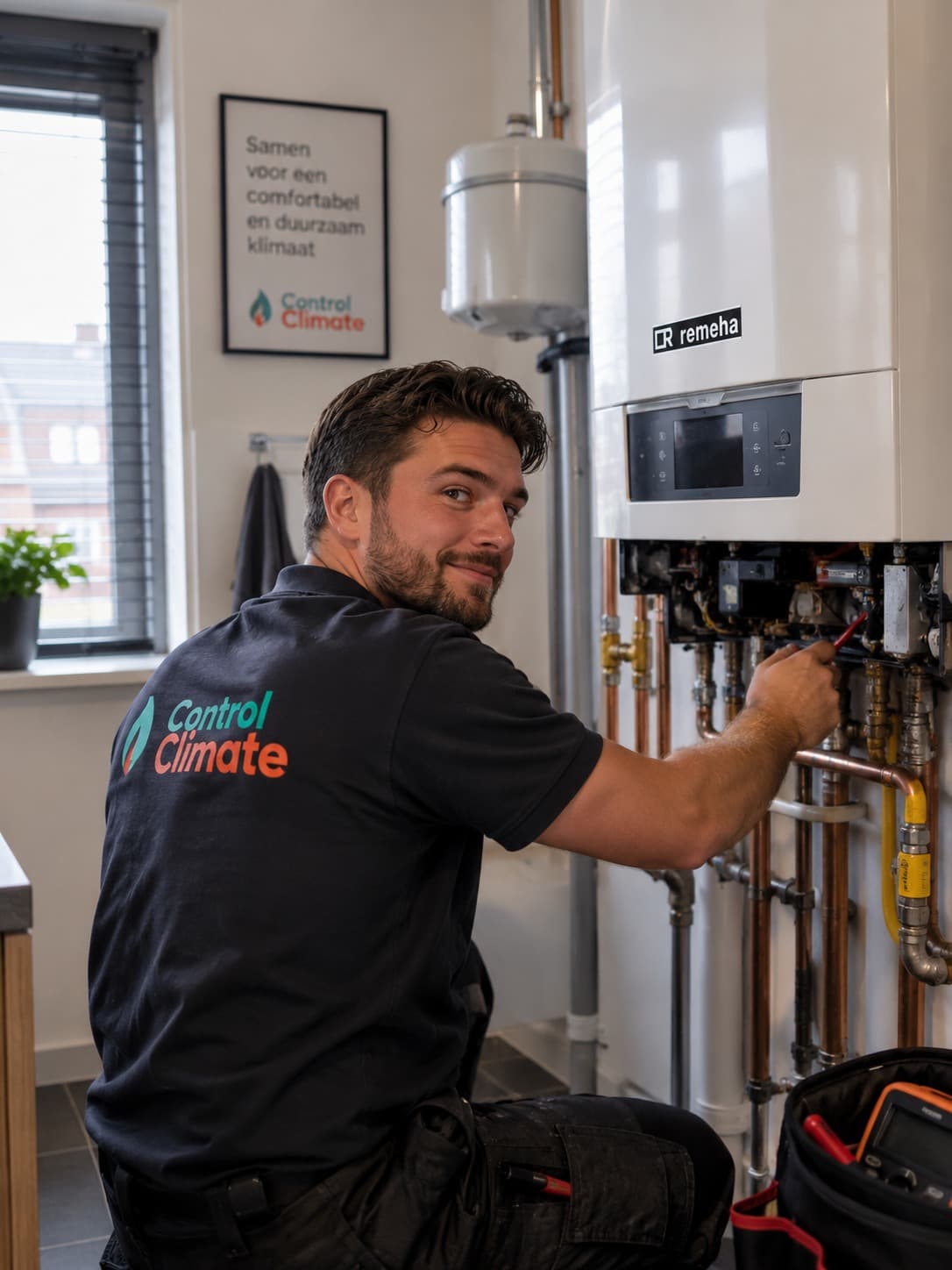 Monteur van Control Climate aan het werk bij een cv-ketel, bij de klant thuis