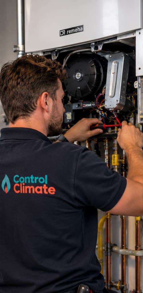 Monteur werkt aan de binnenkant van een geopende cv-ketel